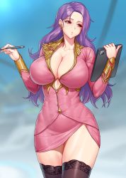 Rule 34 | 1girl, black thighhighs, breasts, cleavage, clipboard, dress, earrings, formal, gonster, hands up, highres, huge breasts, jewelry, last origin, lemonade alpha, long hair, long sleeves, mole, mole under eye, office lady, open mouth, pen, pink dress, pink suit, purple hair, red eyes, skin tight, skirt, skirt suit, solo, suit, thighhighs