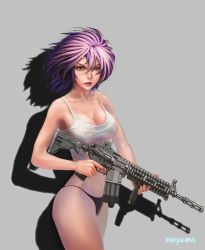 Rule 34 | 1girl, ar-15, assault rifle, ghost in the shell, gun, highres, iruma kamiri, nagumo, purple hair, rifle, solo, weapon