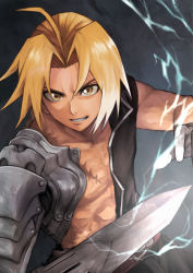 Rule 34 | 1boy, automail, belt, blonde hair, collarbone, commentary, cowlick, edward elric, electricity, forehead, fullmetal alchemist, hair intakes, hand up, male focus, natrium picture, open mouth, parted bangs, parted lips, prosthesis, prosthetic arm, scar, scar on chest, serious, short hair, simple background, sleeveless, solo, toned, toned male, upper body, v-shaped eyebrows, yellow eyes