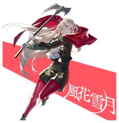 Rule 34 | 1girl, axe, blonde hair, blue eyes, cape, ascot, edelgard von hresvelg, fire emblem, fire emblem: three houses, gloves, hair ornament, hair ribbon, highres, long hair, looking at viewer, nintendo, pantyhose, red cape, ribbon, simple background, solo, uniform, weapon, white background, yarr