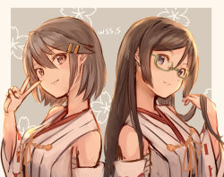 Rule 34 | 2girls, alternate hair length, alternate hairstyle, black hair, brown eyes, commentary request, detached sleeves, green-framed eyewear, hair length switch, hair ornament, hairclip, haruna (kancolle), kantai collection, kirishima (kancolle), long hair, looking at viewer, multiple girls, ribbon-trimmed sleeves, ribbon trim, short hair, upper body, v, wss (nicoseiga19993411)
