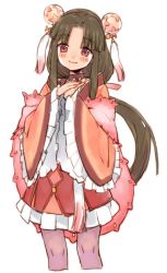 Rule 34 | 1girl, blush, brown hair, choker, fingernails, frills, hair intakes, hair ornament, hair ribbon, harvest moon, head tilt, japanese clothes, kimono, lolita fashion, long hair, long sleeves, looking at viewer, low ponytail, own hands together, pantyhose, pink eyes, ponytail, purple pantyhose, ribbon, rune factory, rune factory 3, s.o chin, sakuya, sakuya (rune factory), shawl, short kimono, simple background, skirt, smile, solo, wa lolita, white background, wide sleeves