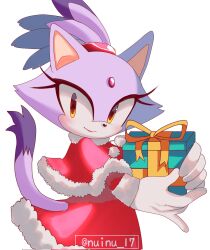 Rule 34 | 1girl, animal ears, blaze the cat, cat ears, cat girl, cat tail, christmas present, forehead jewel, furry, furry female, gift, gloves, highres, nuinu 17, ponytail, purple fur, santa costume, simple background, smile, sonic (series), tail, white background, white gloves, yellow eyes