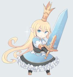 Rule 34 | 10s, 1girl, armor, bad id, bad twitter id, blonde hair, blue dress, blue eyes, breastplate, charlotta (granblue fantasy), crown, dress, frilled dress, frills, granblue fantasy, harvin, highres, holding, holding sword, holding weapon, long hair, pointy ears, puffy short sleeves, puffy sleeves, seedflare, short sleeves, simple background, solo, sparkle, standing, sword, very long hair, weapon