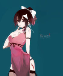 Rule 34 | 1girl, bad id, bad pixiv id, black nails, blood lad, blue background, blush, bow, china dress, chinese clothes, contrapposto, dress, finger to mouth, hair bow, highres, looking at viewer, nail polish, pink dress, ponytail, puppy-love, red hair, ribbon, short hair, simple background, solo, standing, thigh strap, thighs, triangular headpiece, white bow, yanagi fuyumi