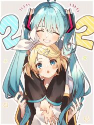Rule 34 | 22, 2girls, :o, ^ ^, alternate hairstyle, aqua eyes, aqua hair, arms around neck, bare shoulders, black skirt, blonde hair, blue eyes, blush, bow, closed eyes, detached sleeves, doron (desu), grey shirt, grin, hair bow, hair ornament, hairclip, hands on another&#039;s stomach, happy, hatsune miku, highres, hug, hug from behind, kagamine rin, long hair, looking at viewer, multiple girls, number tattoo, sailor collar, sailor shirt, shirt, short twintails, skirt, sleeveless, sleeveless shirt, smile, surprised, tattoo, twintails, very long hair, vocaloid, white bow