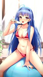 Rule 34 | 1girl, ahoge, bikini, blue hair, blue hairband, breasts, cleavage, collarbone, curtains, doukyuusei another world, food, game cg, hairband, halterneck, holding, holding food, indoors, kakyuusei 2, large breasts, long hair, looking at viewer, navel, official art, open mouth, open window, popsicle, red bikini, red eyes, side-tie bikini bottom, sitting, solo, string bikini, swimsuit, takatoo nanase, tongue, tongue out, underboob, very long hair, window