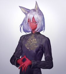 Rule 34 | 1boy, animal ears, black robe, colored skin, long sleeves, looking at viewer, male focus, ohayosayonara, original, own hands together, red skin, robe, simple background, solo, upper body