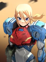 Rule 34 | 1girl, arm cannon, armor, blonde hair, blue eyes, go d e, highres, long hair, looking at viewer, metroid, metroid dread, mole, mole under mouth, nintendo, ponytail, power armor, power suit, samus aran, simple background, solo, upper body, weapon