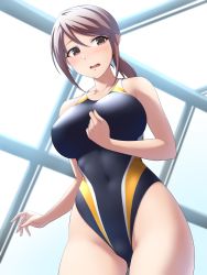 Rule 34 | 1girl, black one-piece swimsuit, breasts, brown eyes, brown hair, collarbone, competition swimsuit, covered navel, cowboy shot, highres, idolmaster, idolmaster cinderella girls, large breasts, looking to the side, low ponytail, mifune miyu, one-piece swimsuit, open mouth, pataneet, rei no pool, solo, standing, swimsuit