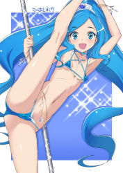 Rule 34 | 1girl, :d, arm up, armpits, bikini, blue bikini, blue eyes, blue hair, breasts, cameltoe, cleft of venus, commentary request, cure fontaine, female pubic hair, hair ornament, healin&#039; good precure, heart, heart hair ornament, highres, leg up, long hair, looking at viewer, micro bikini, miyagoe yoshitsuki, navel, open mouth, ponytail, precure, pubic hair, sawaizumi chiyu, small breasts, smile, solo, stomach, swimsuit