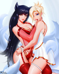 Rule 34 | 2girls, ahri (league of legends), animal ears, bare shoulders, black hair, blue eyes, breasts, cleavage, collarbone, cowboy shot, crossover, detached sleeves, dress, facial mark, fingernails, fox ears, fox girl, fox tail, hair over one eye, hand on another&#039;s thigh, high ponytail, highres, korean clothes, league of legends, lips, long hair, looking at viewer, mcdobo, medium breasts, mercy (overwatch), multiple girls, multiple tails, nail polish, no wings, overwatch, overwatch 1, red legwear, see-through, slit pupils, tail, thighhighs, very long hair, whisker markings, white dress, white legwear, yellow eyes