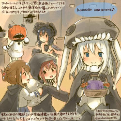 Rule 34 | 5girls, :d, abyssal ship, akatsuki (kancolle), alternate costume, black hair, brown eyes, brown hair, colored pencil (medium), colored skin, cosplay, dated, dress, folded ponytail, hair ornament, hairclip, halloween, headgear, hibiki (kancolle), ikazuchi (kancolle), inazuma (kancolle), isolated island oni, isolated island oni (cosplay), kantai collection, kirisawa juuzou, long hair, mittens, multiple girls, northern ocean princess, numbered, open mouth, re-class battleship, re-class battleship (cosplay), russian text, short hair, smile, traditional media, translation request, twitter username, verniy (kancolle), white dress, white hair, white skin, wo-class aircraft carrier, wo-class aircraft carrier (cosplay)