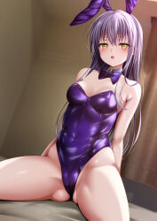 Rule 34 | 1girl, absurdres, animal ears, bang dream!, bed, bow, bowtie, breasts, covered navel, curtains, detached collar, dutch angle, grey hair, highres, leotard, long hair, medium breasts, minato yukina, playboy bunny, purple bow, purple bowtie, purple leotard, rabbit ears, sitting, solo, spread legs, strapless, strapless leotard, tina (pixiv37050289), yellow eyes