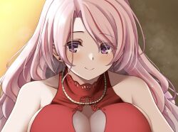 Rule 34 | 1girl, bare shoulders, blush, breasts, cleavage, cleavage cutout, clothing cutout, dress, ear piercing, hair between eyes, jewelry, kantai collection, large breasts, long hair, looking at viewer, luigi di savoia duca degli abruzzi (kancolle), multicolored hair, necklace, official alternate costume, piercing, pink hair, purple eyes, red dress, red hair, simple background, sleeveless, sleeveless dress, smile, solo, sparkle, streaked hair, suke (share koube), upper body