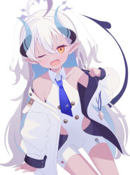 Rule 34 | 1girl, ahoge, akiyuki nagi, bare shoulders, bike shorts, black shorts, blue archive, blue hair, blue necktie, bodysuit, clothing cutout, colored inner hair, demon girl, demon horns, demon tail, flat chest, hair between eyes, halo, highres, horns, jacket, jacket partially removed, long hair, long sleeves, looking at viewer, multicolored hair, necktie, one eye closed, open mouth, orange eyes, pointy ears, puffy long sleeves, puffy sleeves, purple halo, shorts, side cutout, simple background, sitting, sleeveless, sleeveless bodysuit, solo, star halo, sumomo (blue archive), tail, two-tone hair, two side up, white background, white bodysuit, white hair, white jacket
