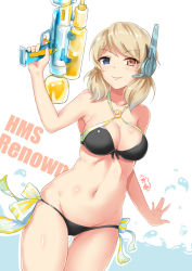 Rule 34 | 1girl, armpits, artist name, bikini, black bikini, blonde hair, blue eyes, bow, bow bikini, breasts, character name, cleavage, closed mouth, cowboy hat, cowboy shot, dutch angle, front-tie bikini top, front-tie top, gluteal fold, halterneck, halterneck, hand up, hat, headgear, heterochromia, highres, holding, large breasts, looking at viewer, navel, open hand, outstretched hand, raised eyebrows, renown (warship girls r), short hair, simple background, smile, solo, swimsuit, thigh gap, two side up, warship girls r, water gun, yellow eyes, zhudacaimiao