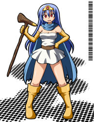 Rule 34 | 1girl, bad id, bad pixiv id, barcode, blue hair, boots, cape, chiki (chikibw), chunsoft, circlet, dragon quest, dragon quest iii, elbow gloves, enix, gloves, long hair, red eyes, sage (dq3), skirt, solo, staff