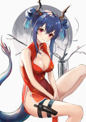 Rule 34 | 1girl, absurdres, arknights, bare arms, bare legs, bare shoulders, blue hair, breasts, ch&#039;en (ageless afterglow) (arknights), ch&#039;en (arknights), china dress, chinese clothes, cleavage, cleavage cutout, clothing cutout, double bun, dragon horns, dragon tail, dress, ema (kuguiema), hair bun, head tilt, highres, holster, horns, invisible chair, knee up, long hair, looking at viewer, medium breasts, no bra, no panties, official alternate costume, pelvic curtain, red dress, red eyes, sidelocks, sitting, sleeveless, sleeveless dress, smile, solo, tail, tail raised, thigh strap, thighs, v arms