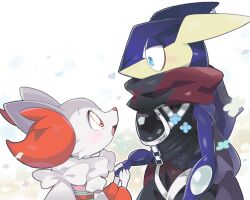 Rule 34 | 1boy, 1girl, alternate color, alternate shiny pokemon, animal ear fluff, animal ears, animal hands, animal nose, artist name, black pants, black shirt, blue cape, blue eyes, blue flower, blue skin, blush, blush stickers, body fur, braixen, cape, clothed pokemon, colored skin, covered mouth, creatures (company), earrings, eye contact, fins, flower, fox ears, fox girl, frog boy, from side, furry, furry female, furry male, furry with furry, game freak, gen 6 pokemon, greninja, grey fur, hand up, hands up, happy, head fins, heart, height difference, hetero, holding, holding weapon, interspecies, jewelry, juliet sleeves, kiki (431642), long sleeves, looking at another, looking down, looking up, multicolored skin, muneate, ninja, nintendo, open mouth, pants, pokemon, pokemon (creature), profile, puffy sleeves, red eyes, red scarf, sash, scarf, shirt, signature, simple background, single earring, sleeveless, sleeveless shirt, smile, snout, standing, two-tone fur, two-tone skin, upper body, weapon, white background, white fur, white scarf, yellow skin