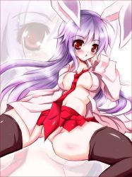 Rule 34 | 1girl, animal ears, bad id, bad pixiv id, breasts, female focus, long hair, nude, purple hair, rabbit ears, reisen udongein inaba, satou kuroon, skirt, socks, solo, thighhighs, touhou