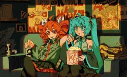 2girls ahoge bare_shoulders black_pantyhose black_shirt black_sleeves blue_hair breast_pocket can collared_shirt copyright_request couch detached_sleeves drinking_straw dual_persona eating food hatsune_miku holding holding_food indoors kasane_teto kasane_teto_(sv) long_hair lying mesmerizer_(vocaloid) multiple_girls musekinin_shuugoutai_(synthesizer_v) natuso7 on_back pantyhose pillow plant pocket popcorn red_eyes shirt sitting sleeveless sleeveless_shirt synthesizer_v tetoris_(synthesizer_v) twintails utau vocaloid wing_collar world&#039;s_end_dancehall_(vocaloid)