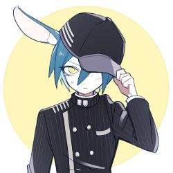 Rule 34 | 1202 koge, 1boy, animal ear fluff, animal ears, baseball cap, black hat, black jacket, black sleeves, blue hair, border, buttons, closed mouth, collared jacket, commentary request, danganronpa (series), danganronpa v3: killing harmony, double-breasted, ear covers, eyelashes, frown, hair between eyes, hand on headwear, hat, high collar, jacket, layered sleeves, light blush, long sleeves, male focus, one eye covered, outside border, pocket, rabbit ears, round border, saihara shuichi, short hair, simple background, solo, straight-on, sweatdrop, upper body, v-shaped eyebrows, vertical-striped sleeves, white border, yellow background, yellow eyes