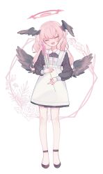 Rule 34 | 1girl, alternate hairstyle, apron, black dress, black footwear, blue archive, blush, closed eyes, dress, feathered wings, flower, full body, halo, head wings, highres, holding, holding flower, koharu (blue archive), long hair, long sleeves, nagakiras2, open mouth, pink flower, pink hair, simple background, solo, standing, white apron, white background, wings