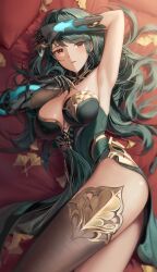 Rule 34 | 1girl, arm up, armpits, black gloves, blush, breasts, brown thighhighs, clawed gauntlets, dress, gloves, green dress, green hair, hanying (punishing: gray raven), hashtag-only commentary, highres, large breasts, leaf, long hair, looking at viewer, lying, mole, mole under eye, on side, orange eyes, parted lips, presenting armpit, punishing: gray raven, silence girl, single thighhigh, solo, thighhighs, thighs