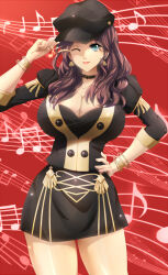 Rule 34 | 1girl, ;), breasts, brown hair, choker, cleavage, dorothea arnault, earrings, fire emblem, fire emblem: three houses, garreg mach monastery uniform, green eyes, hand on own hip, hat, huge breasts, jewelry, lipstick, long hair, looking at viewer, makeup, musical note, nintendo, one eye closed, red lips, skirt, smile, solo, thighs, yanmarson