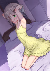 Rule 34 | 1girl, armpits, bare arms, bare shoulders, bed, bed sheet, blush, commentary request, dress, dutch angle, female focus, full body, green eyes, grey hair, hair ornament, hairclip, highres, kohshibasaki, looking at viewer, on bed, open mouth, pillow, seiza, shade, short hair, sitting, sleeveless, sleeveless dress, solo, spaghetti strap, thighs, yama no susume, yukimura aoi