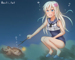 Rule 34 | 1girl, angelfish, anglerfish, anti (untea9), ascot, black ascot, blonde hair, blue eyes, blue one-piece swimsuit, blue sailor collar, commentary request, crop top, fish, flower, full body, hair flower, hair ornament, kantai collection, long hair, neckerchief, one-piece swimsuit, one-piece tan, poking, ro-500 (kancolle), sailor collar, sandals, school swimsuit, sleeveless, squatting, stick, swimsuit, swimsuit under clothes, tan, tanline, twitter username, underwater