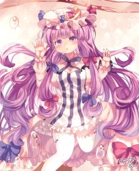 Rule 34 | 1girl, blue bow, bow, breasts, cleavage, crescent, crescent hat ornament, dress, hat, hat ornament, highres, kemo chiharu, large breasts, long hair, mob cap, patchouli knowledge, purple eyes, purple hair, red bow, solo, striped, thighhighs, touhou, very long hair