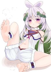 Rule 34 | 1girl, barefoot, blush, feet, highres, long hair, looking at viewer, multicolored hair, pink eyes, soles, toes, traptrix cularia, two-tone hair, white hair, yu-gi-oh!
