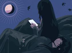 Rule 34 | 2girls, abstract, alternate costume, bessou (harirure661), bird, black eyes, black hair, black robe, blue sky, blush stickers, cellphone, clone, commentary request, crescent moon, expressionless, facing away, flower, hair over shoulder, half-closed eyes, highres, holding, holding phone, long hair, long sleeves, looking up, lying, moon, multiple girls, night, nijisanji, on back, open mouth, phone, pink flower, robe, sidelocks, sitting, sky, smartphone, star (sky), starry sky, tsukino mito, virtual youtuber