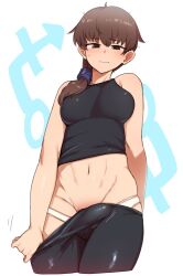 Rule 34 | 1girl, androgyne symbol, black eyes, black hair, black pants, blush, breasts, bulge, closed mouth, clothes pull, cropped legs, embarrassed, erection, erection under clothes, futanari, groin, hair over shoulder, large breasts, looking down, low ponytail, navel, okitaima, original, panties, pants, pants pull, penis, penis peek, pulled by self, solo, stomach, underwear, white background, white panties, yoga pants