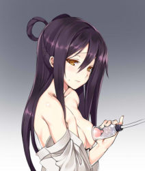 Rule 34 | 1girl, bad id, bad pixiv id, bare shoulders, blush, breast pump, breasts, gradient background, hair rings, holding, izanami (p&amp;d), lactation, large breasts, long hair, medium breasts, milking machine, nipples, off shoulder, purple hair, puzzle &amp; dragons, simple background, solo, suction cups, tama (tamatamo), upper body, yellow eyes