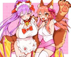 Rule 34 | 2girls, animal ear fluff, animal ears, animal hands, apron, artist request, bell, blush, breasts, cat hair ornament, cat paws, claw (weapon), claws, cleavage, closed mouth, collar, cosplay, costume switch, embarrassed, fang, fate/grand order, fate (series), fox ears, fox girl, fox tail, gloves, hair ornament, hair ribbon, highres, huge breasts, jingle bell, large breasts, multiple girls, naked apron, neck bell, o-ring, o-ring top, open mouth, passionlip (fate), passionlip (fate) (cosplay), passionlip (third ascension) (fate), paw gloves, pink hair, pink ribbon, purple hair, purple ribbon, ribbon, sideboob, tail, tamamo (fate), tamamo cat (fate), tamamo cat (fate) (cosplay), tamamo cat (third ascension) (fate), weapon, yellow eyes