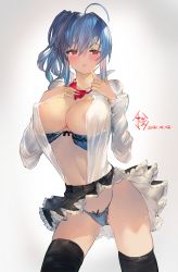 Rule 34 | 1girl, 2021, adapted costume, areola slip, azur lane, black skirt, black thighhighs, blue bra, blue hair, blue panties, blush, bow, bra, breasts, covered erect nipples, front-tie top, highleg, highleg panties, highres, jewelry, large breasts, long hair, looking at viewer, miniskirt, open clothes, open shirt, panties, pleated skirt, red bow, red eyes, ring, sakura rock, see-through, see-through shirt, shirt, skirt, solo, st. louis (azur lane), thighhighs, underwear, wedding ring, white background, white shirt