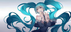 Rule 34 | 1girl, absurdres, black dress, blue eyes, blue hair, blue nails, breasts, commentary, dress, finger to mouth, fingernails, frilled sleeves, frills, gradient background, grey background, hatsune miku, highres, large breasts, long hair, looking away, medium breasts, muta (csw), nail polish, parted lips, see-through, simple background, sleeveless, solo, twintails, upper body, very long hair, vocaloid, white background, wide sleeves