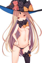 Rule 34 | 1girl, abigail williams (fate), abigail williams (second ascension) (fate), absurdres, black bow, black hat, blonde hair, blush, bow, breasts, fate/grand order, fate (series), hat, highres, irokari, keyhole, long hair, looking at viewer, multiple bows, navel, nipples, orange bow, parted bangs, polka dot, polka dot bow, red eyes, simple background, single thighhigh, small breasts, stuffed animal, stuffed toy, teddy bear, thighhighs, topless, white background