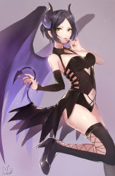 Rule 34 | 10s, 1girl, absurdres, arm warmers, artist name, bare shoulders, black footwear, black hair, black leotard, black nails, black thighhighs, breasts, clothing cutout, demon girl, demon horns, demon tail, demon wings, fingernails, from side, hayami kanade, heart, heart cutout, high heels, highres, horns, idolmaster, idolmaster cinderella girls, leg up, leotard, long fingernails, looking at viewer, mairo, medium breasts, nail polish, navel, navel cutout, parted lips, purple background, red lips, shoes, short hair, signature, simple background, slit pupils, smile, solo, standing, standing on one leg, stomach, tail, thighhighs, wings, yellow eyes