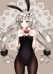 Rule 34 | 1girl, absurdres, animal ears, black pantyhose, blush, bow, bowtie, breasts, cla (finesoda), cowboy shot, embarrassed, fake animal ears, girls&#039; frontline, hair ornament, hairclip, hands on own chest, highres, leotard, long hair, mg4 (girls&#039; frontline), pantyhose, playboy bunny, rabbit ears, silver hair, simple background, small breasts, solo, thick thighs, thighs, twintails, very long hair, yellow eyes