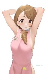 Rule 34 | 1girl, absurdres, armpits, arms behind head, asymmetrical bangs, bird, blush, brown eyes, brown hair, chick, collarbone, cowboy shot, dated, hair over shoulder, highres, idolmaster, lips, looking at viewer, mochida arisa, onao, simple background, white background