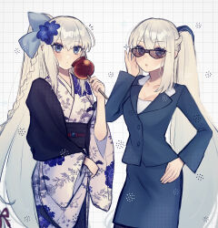 Rule 34 | 1girl, absurdres, adjusting eyewear, alternate costume, blue bow, blue eyes, blue hair, blue jacket, blue skirt, blush, bow, braid, candy apple, closed mouth, cowboy shot, fate/grand order, fate (series), floral print, flower, food, french braid, glasses, grey hair, grid background, hair bow, hair flower, hair ornament, hand up, highres, holding, holding food, jacket, japanese clothes, kimono, long hair, long sleeves, looking at viewer, morgan le fay (fate), multiple views, noa pisces, notice lines, obi, obijime, open clothes, open jacket, open mouth, pencil skirt, ponytail, print kimono, sash, simple background, skirt, sparkle, standing, very long hair, white background, white kimono, wide sleeves