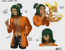 Rule 34 | 1boy, abs, aged up, alolan form, alolan raichu, arrow (symbol), black shorts, blush stickers, character name, closed eyes, closed mouth, coat, creatures (company), dark-skinned male, dark skin, eating, english text, game freak, gen 7 pokemon, green hair, hair between eyes, hair down, hair ornament, hand on own hip, hands up, hau (pokemon), hazel0217, highres, holding, long hair, long sleeves, looking at viewer, malasada, male focus, navel, nintendo, open clothes, open coat, open mouth, orange coat, pokemon, pokemon (creature), pokemon sm, shorts, signature, sketch, smile, teeth