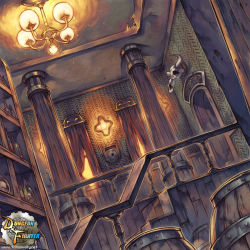 Rule 34 | 00s, book, bookshelf, dungeon and fighter, dutch angle, indoors, lamp, lantern, light, lights, no humans, railing, scenery, stairs, yi lee
