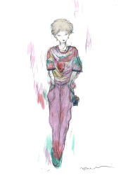 Rule 34 | 1boy, amano yoshitaka, black lips, blonde hair, bracelet, colored skin, earrings, hands in pockets, highres, jewelry, lipstick, makeup, male focus, messy hair, multicolored hair, necklace, official art, pants, shirt, signature, solo, two-tone hair, vocaloid, white skin, yuu (vocaloid), zola project
