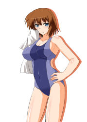 Rule 34 | 1girl, aged up, blue eyes, brown hair, lyrical nanoha, mahou shoujo lyrical nanoha, mahou shoujo lyrical nanoha a&#039;s, mahou shoujo lyrical nanoha a&#039;s portable: the battle of aces, stern the destructor, one-piece swimsuit, short hair, simple background, solo, swimsuit, zerosu (take out)