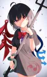 Rule 34 | 1girl, ahoge, asymmetrical wings, bad id, bad pixiv id, black hair, bow, bowtie, bright pupils, cacao devil, commentary request, cowboy shot, gradient background, grey background, hair between eyes, head tilt, holding, holding polearm, holding weapon, houjuu nue, light smile, looking at viewer, polearm, red bow, red bowtie, red eyes, short hair, short sleeves, sidelighting, snake, solo, standing, touhou, trident, weapon, white pupils, wings, wrist cuffs